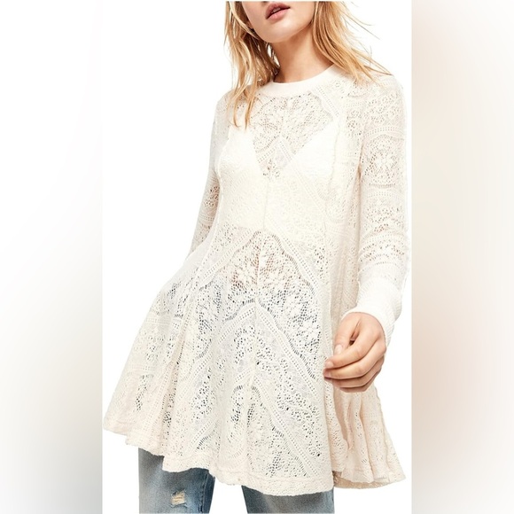 Free People Coffee In The Morning Tunic Sweater Top in Chamoix Cream, Size XS - Picture 1 of 11